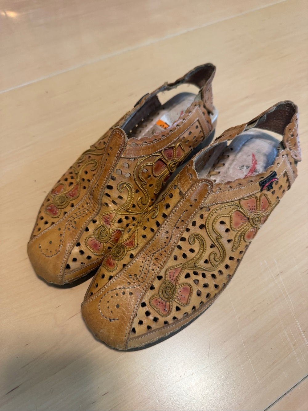 PIKOLINOS Tan Leather Perforated Floral Slip-On Flats- 39